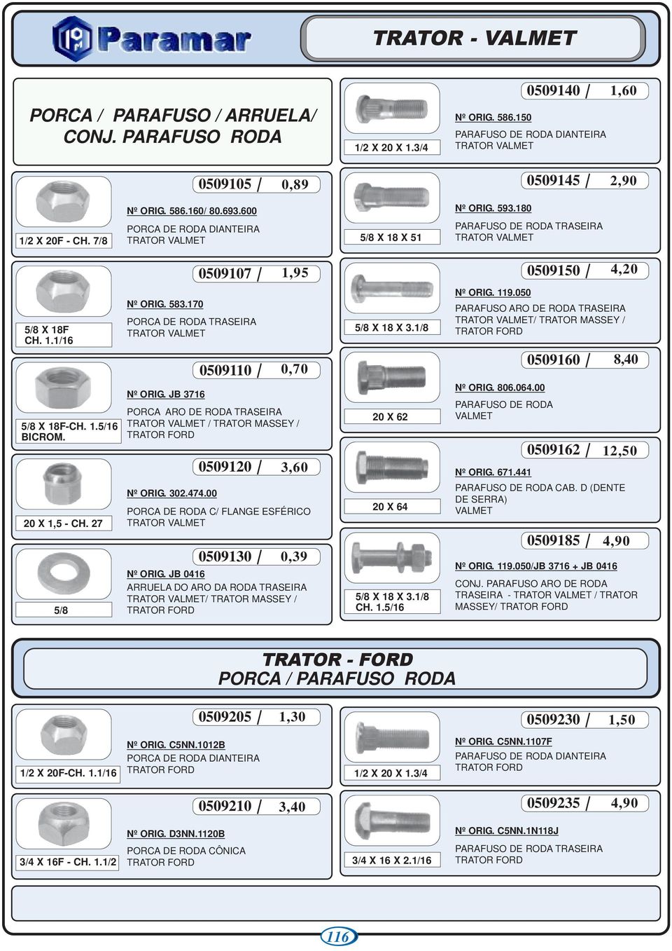 170 PORCA DE RODA TRATOR VALMET 0509110 0,70 5/8 X 18 X 3.1/8 Nº ORIG. 119.050 PARAFUSO ARO DE RODA TRATOR VALMET/ TRATOR MASSEY / TRATOR FORD 0509160 8,40 5/8 X 18F-CH. 1.5/16 BICROM. Nº ORIG. JB 3716 PORCA ARO DE RODA TRATOR VALMET / TRATOR MASSEY / TRATOR FORD 0509120 3,60 20 X 62 Nº ORIG.