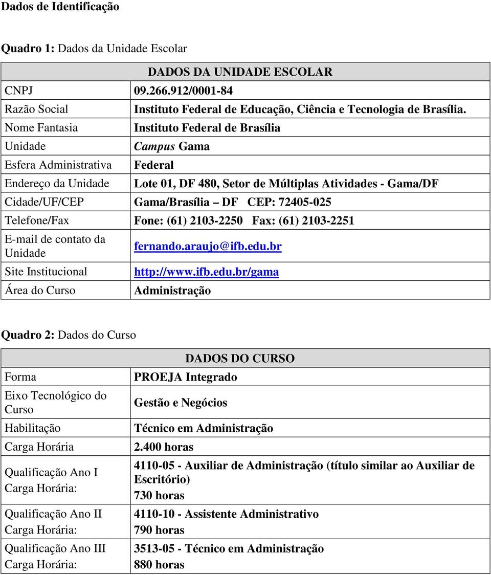 Instituto Federal de Brasília Campus Gama Federal Lote 01, DF 480, Setor de Múltiplas Atividades - Gama/DF Cidade/UF/CEP Gama/Brasília DF CEP: 72405-025 Telefone/Fax Fone: (61) 2103-2250 Fax: (61)