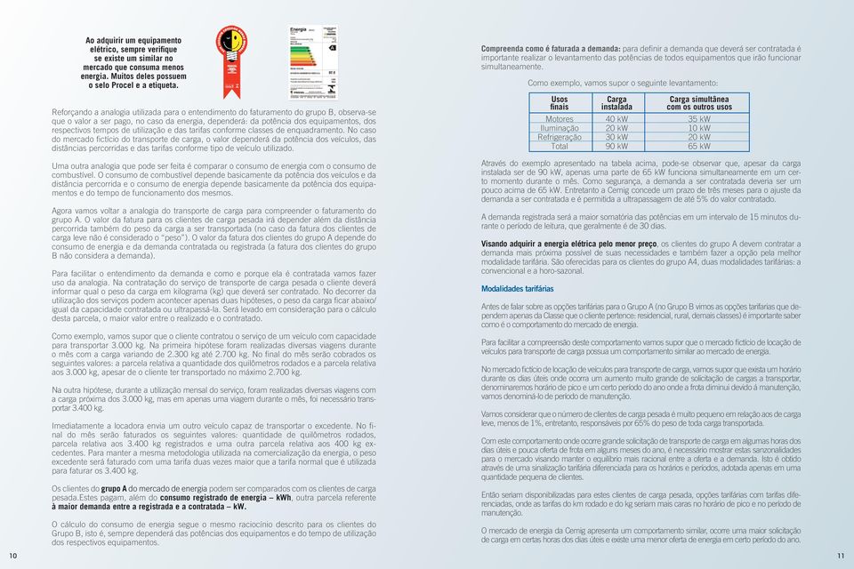 de utilização e das tarifas conforme classes de enquadramento.