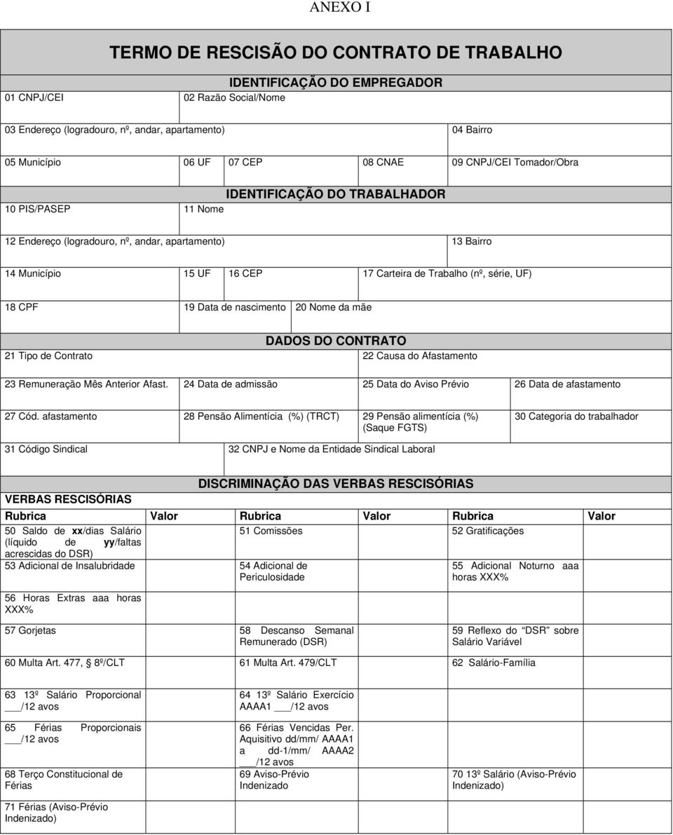 série, UF) 18 CPF 19 Data de nascimento 20 Nome da mãe DADOS DO CONTRATO 21 Tipo de Contrato 22 Causa do Afastamento 23 Remuneração Mês Anterior Afast.