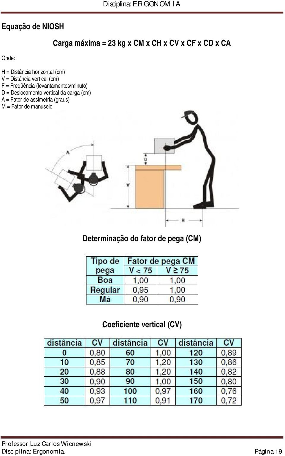 assimetria (graus) M = Fator de manuseio Carga máxima = 23 kg x CM x CH x CV x CF x CD x