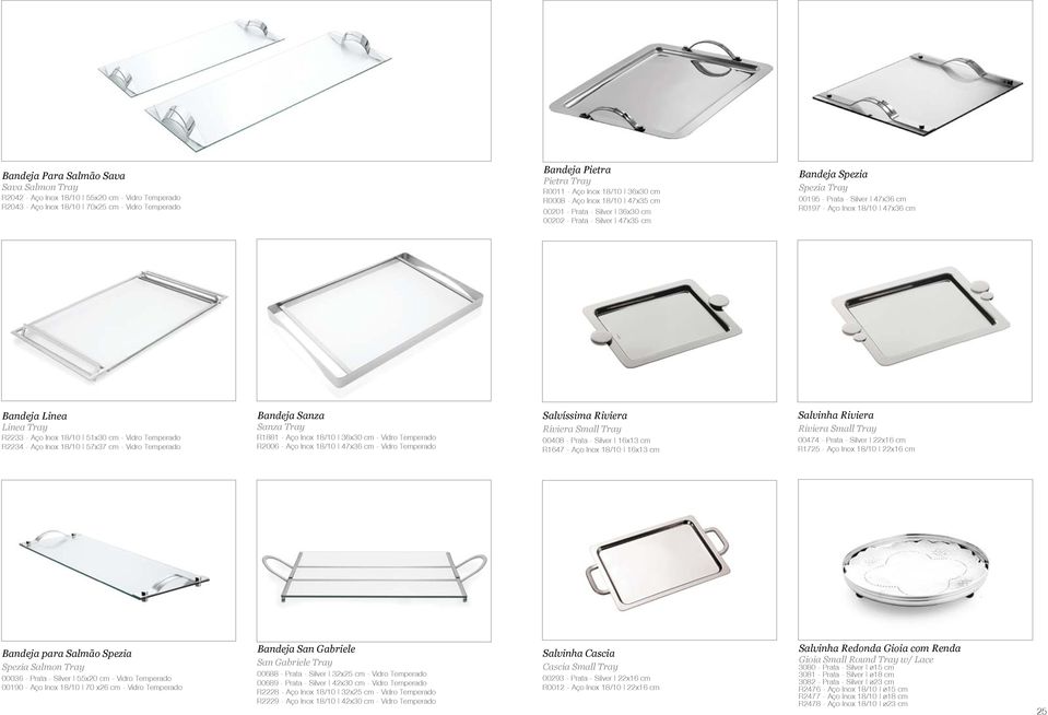 Linea Linea Tray R2233 - Aço Inox 18/10 51x30 cm - Vidro Temperado R2234 - Aço Inox 18/10 57x37 cm - Vidro Temperado Bandeja Sanza Sanza Tray R1881 - Aço Inox 18/10 36x30 cm - Vidro Temperado R2006 -