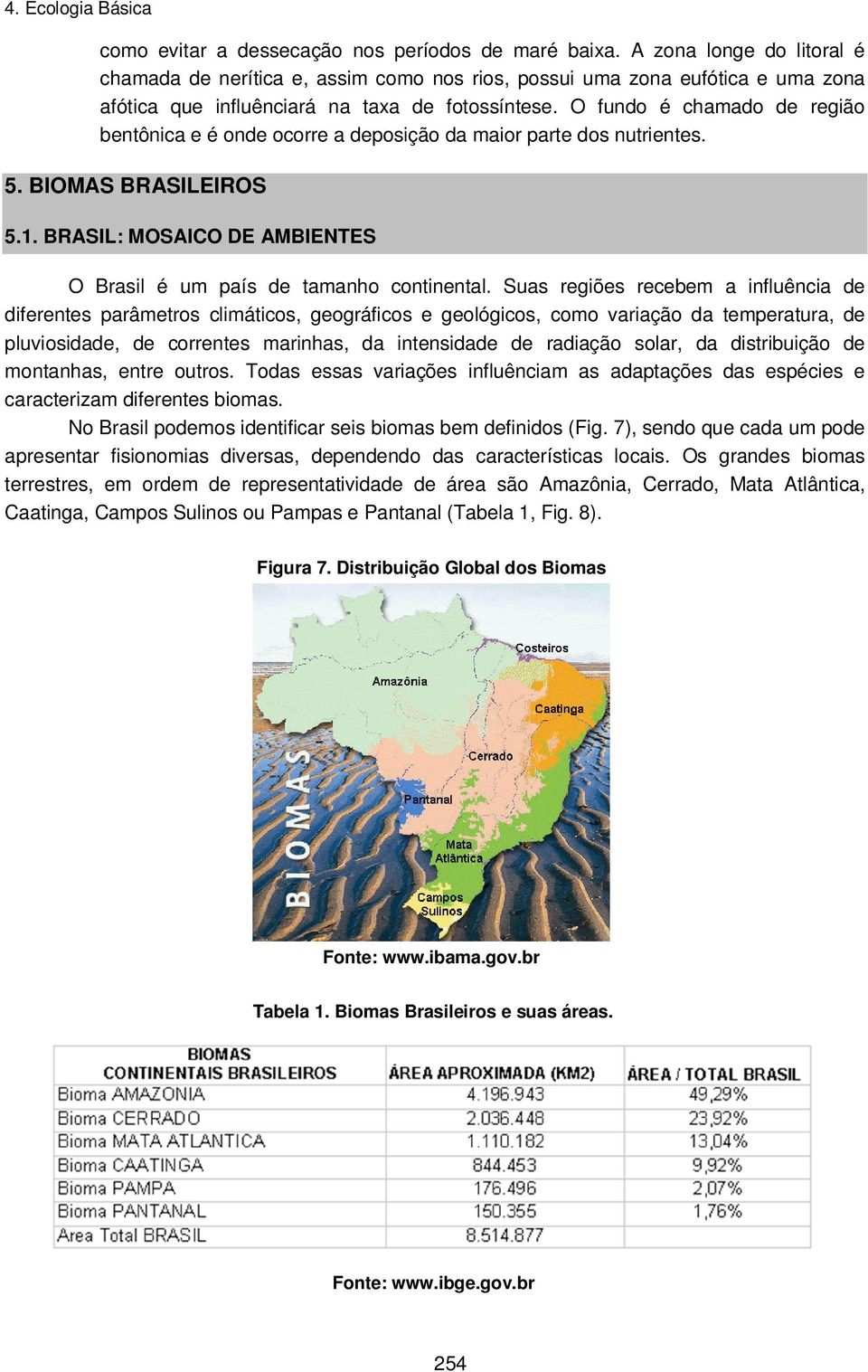 O fundo é chamado de região bentônica e é onde ocorre a deposição da maior parte dos nutrientes. 5. BIOMAS BRASILEIROS 5.1. BRASIL: MOSAICO DE AMBIENTES O Brasil é um país de tamanho continental.