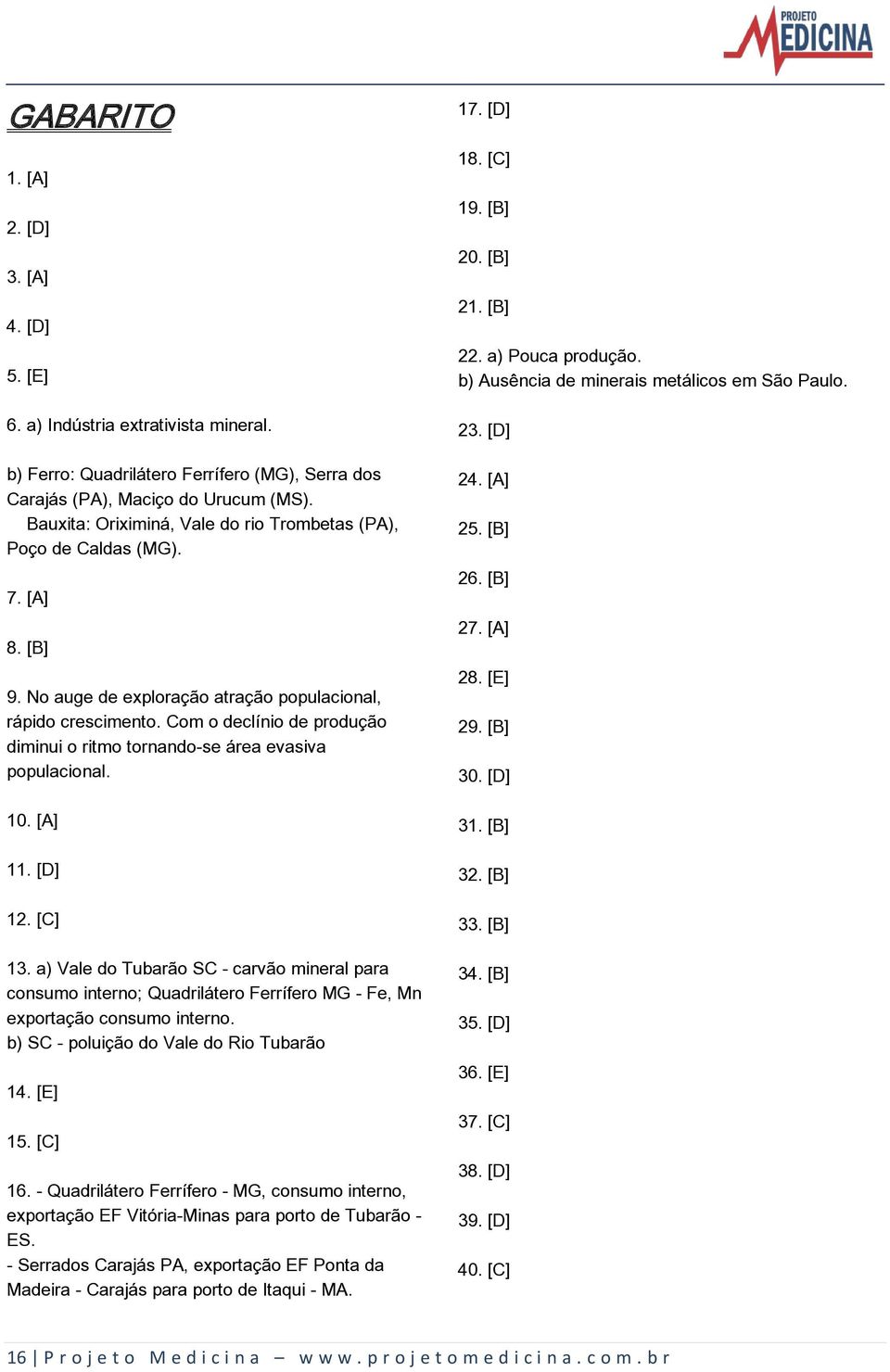 Com o declínio de produção diminui o ritmo tornando-se área evasiva populacional. 10. [A] 11. [D] 12. [C] 13.