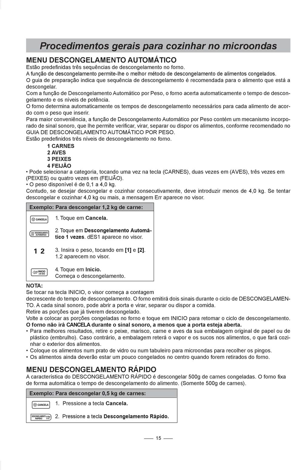 Com a função de Descongelamento Automático por Peso, o forno acerta automaticamente o tempo de descongelamento e os níveis de potência.