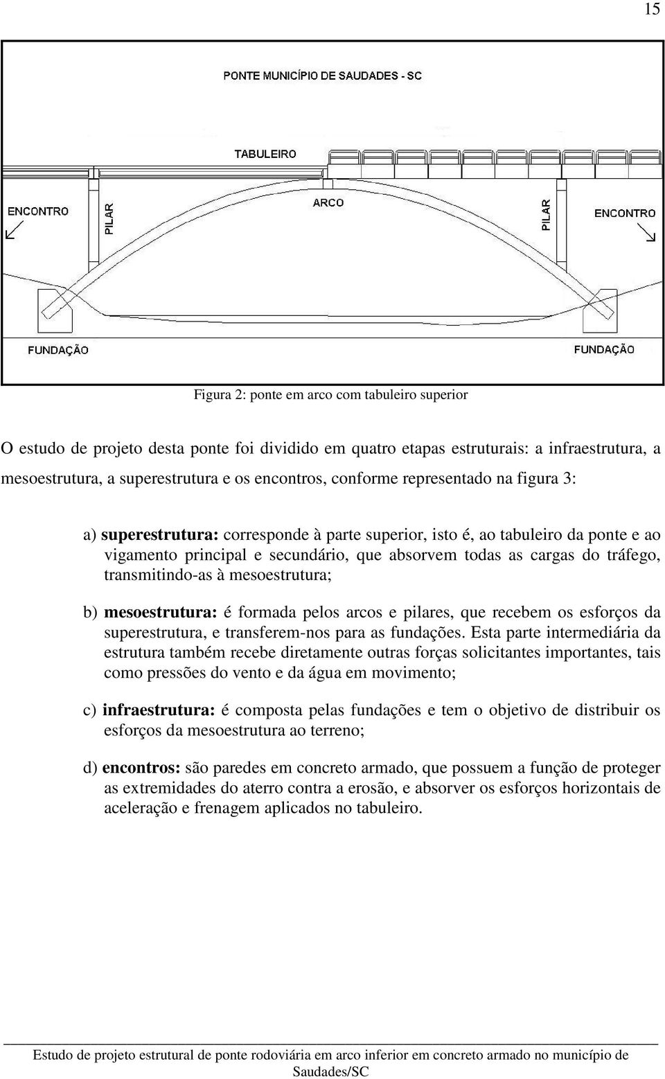 transmitindo-as à mesoestrutura; b) mesoestrutura: é formada pelos arcos e pilares, que recebem os esforços da superestrutura, e transferem-nos para as fundações.