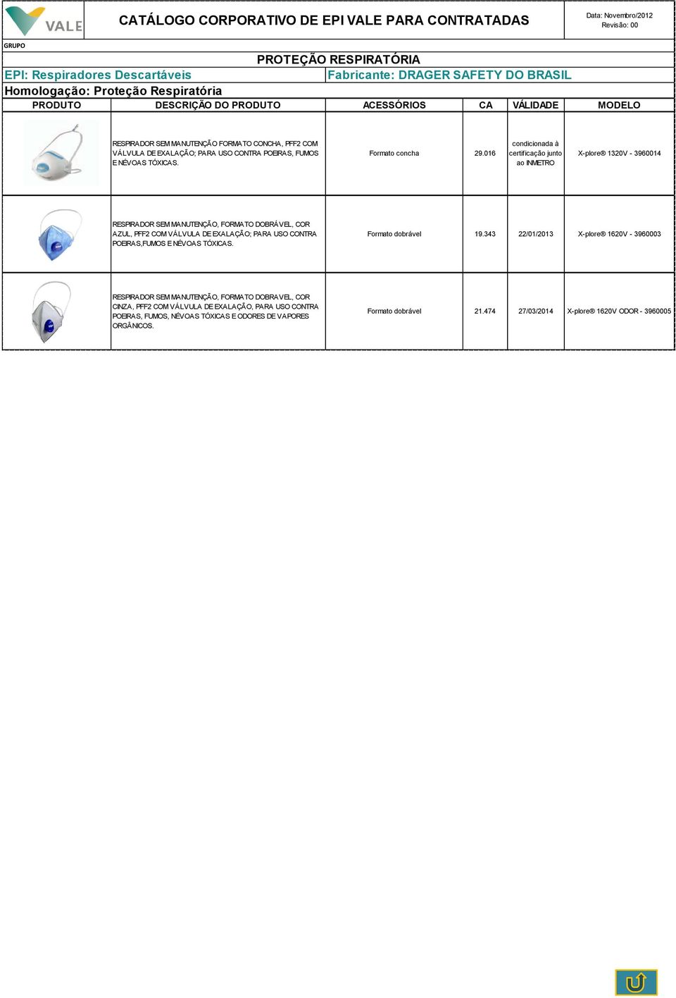 016 condicionada à certificação junto ao INMETRO X-plore 1320V - 3960014 RESPIRADOR SEM MANUTENÇÃO, FORMATO DOBRÁVEL, COR AZUL, PFF2 COM VÁLVULA DE EXALAÇÃO; PARA USO CONTRA POEIRAS,FUMOS E NÉVOAS