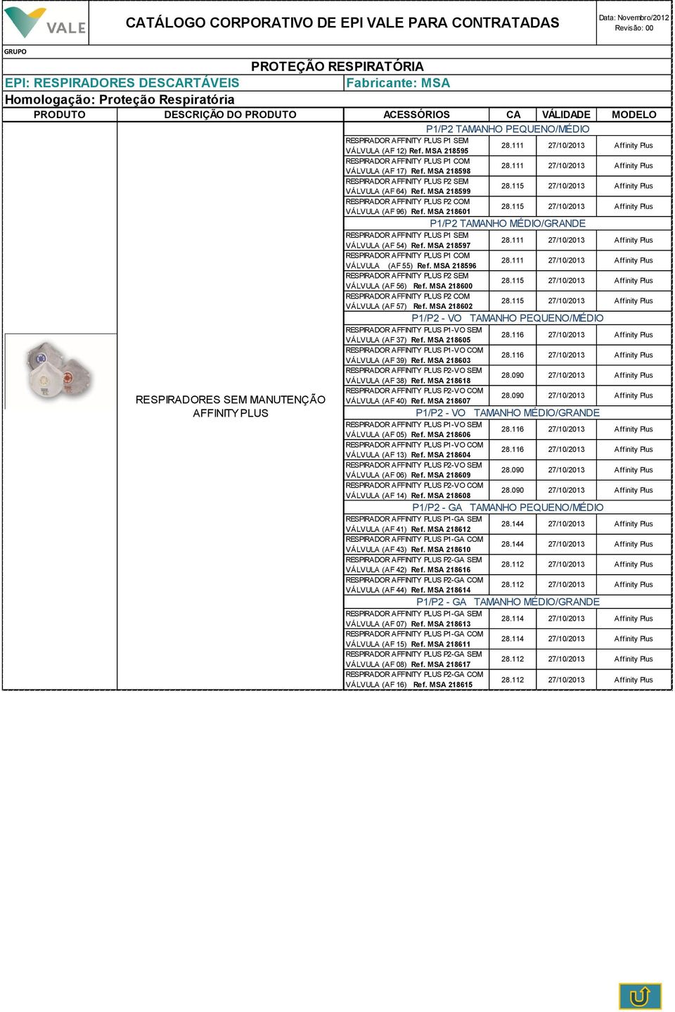 MSA 218598 RESPIRADOR AFFINITY PLUS P2 SEM VÁLVULA (AF 64) Ref. MSA 218599 RESPIRADOR AFFINITY PLUS P2 COM VÁLVULA (AF 96) Ref. MSA 218601 RESPIRADOR AFFINITY PLUS P1 SEM VÁLVULA (AF 54) Ref.