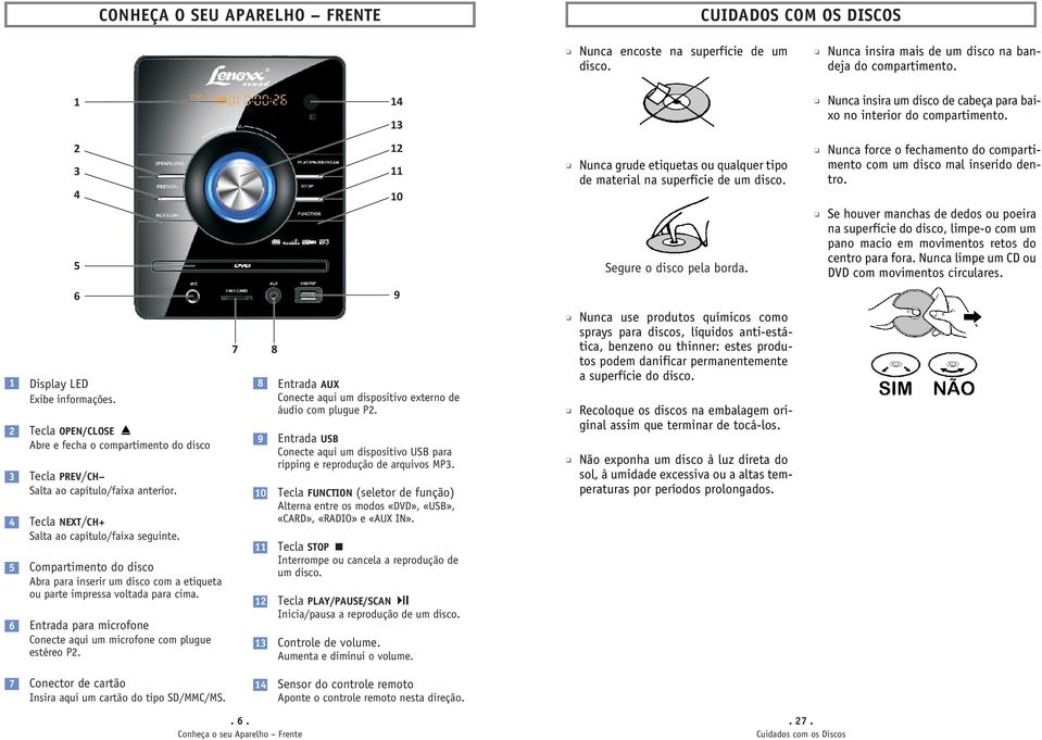 Segure o disco pela borda. Nunca force o fechamento do compartimento com um disco mal inserido dentro.