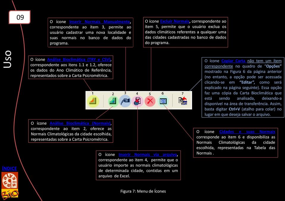 O ícone Análise Bioclimática (TRY e CSV), correspondente aos itens 1.1 e 1.2, oferece os dados do Ano Climático de Referência, representados sobre a Carta Psicrométrica.