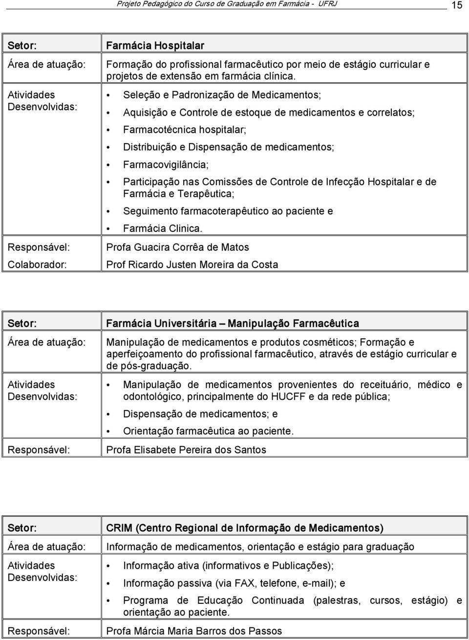 Seleção e Padronização de Medicamentos; Aquisição e Controle de estoque de medicamentos e correlatos; Farmacotécnica hospitalar; Distribuição e Dispensação de medicamentos; Farmacovigilância;