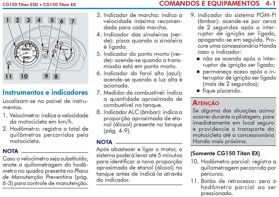 Indicador de marcha: indica a velocidade máxima recomendada para cada marcha. 4. Indicador das sinaleiras (verde): pisca quando a sinaleira é ligada. 5.