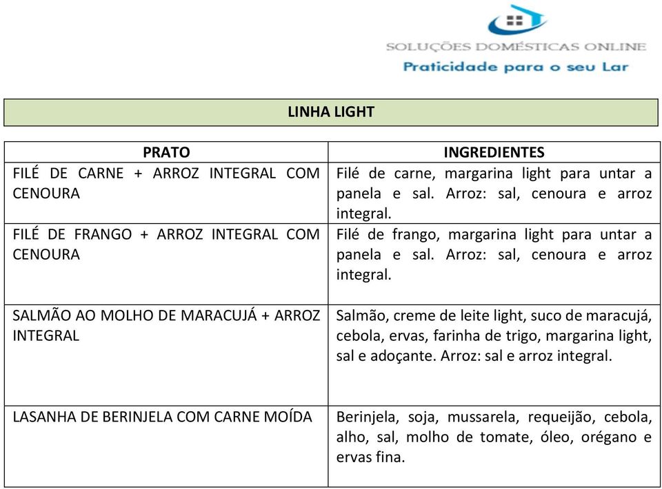 Filé de frango,  Salmão, creme de leite light, suco de maracujá, cebola, ervas, farinha de trigo, margarina light, sal e adoçante.