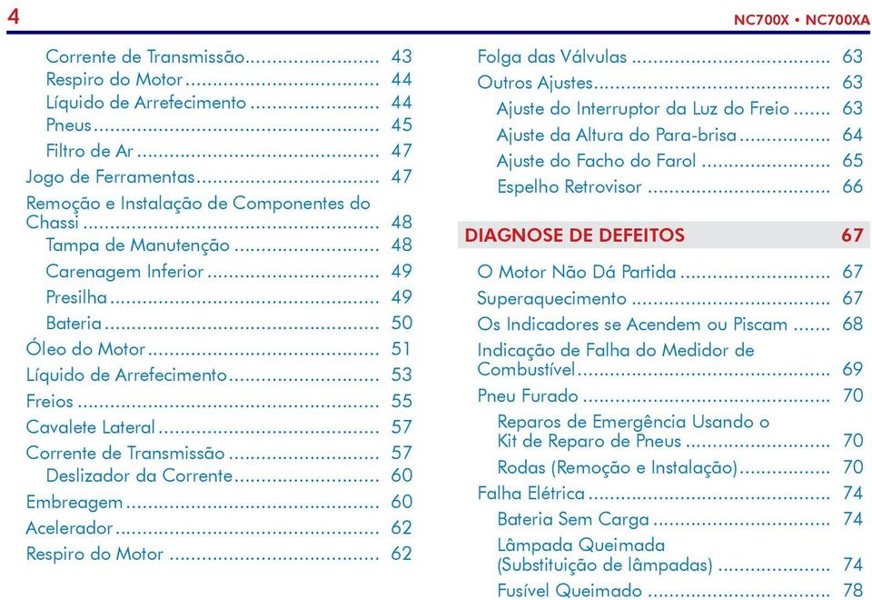 .. 55 Cavalete Lateral... 57 Corrente de Transmissão... 57 Deslizador da Corrente... 60 Embreagem... 60 Acelerador... 62 Respiro do Motor... 62 Folga das Válvulas... 63 Outros Ajustes.