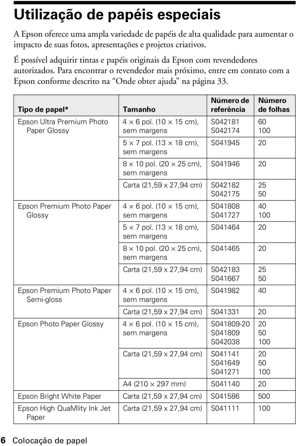 Para encontrar o revendedor mais próximo, entre em contato com a Epson conforme descrito na Onde obter ajuda na página 33.