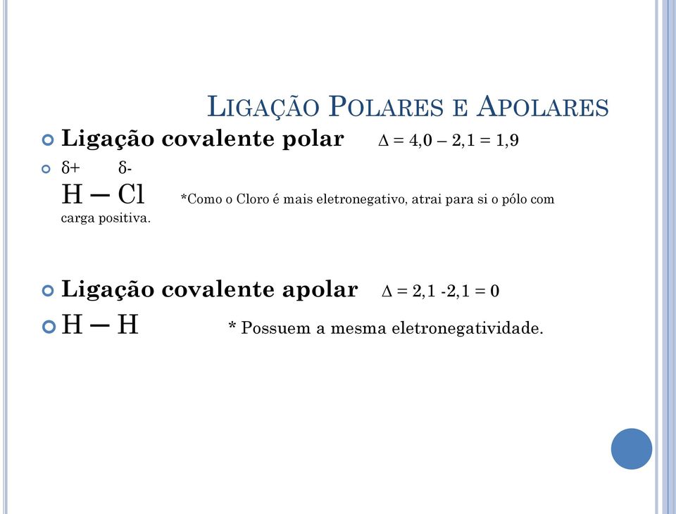 *Como o Cloro é mais eletronegativo, atrai para si o pólo