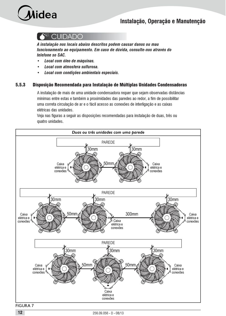 5.3 Disposição Recomendada para Instalação de Múltiplas Unidades Condensadoras A instalação de mais de uma unidade condensadora requer que sejam observadas distâncias mínimas entre estas e também a