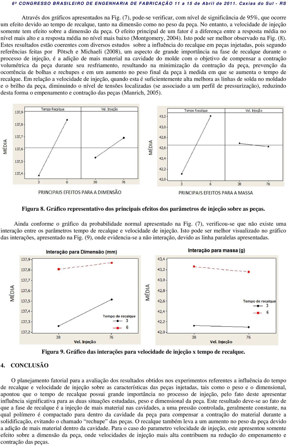 O efeito principal de um fator é a diferença entre a resposta média no nível mais alto e a resposta média no nível mais baixo (Montgomery, 2004). Isto pode ser melhor observado na Fig. (8).