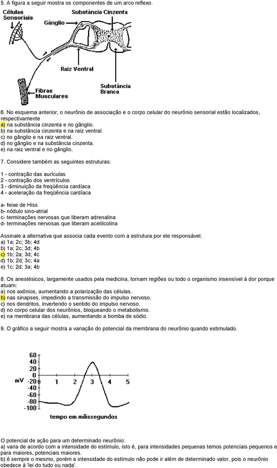 b) na substância cinzenta e na raiz ventral. c) no gânglio e na raiz ventral. d) no gânglio e na substância cinzenta. e) na raiz ventral e no gânglio. 7.