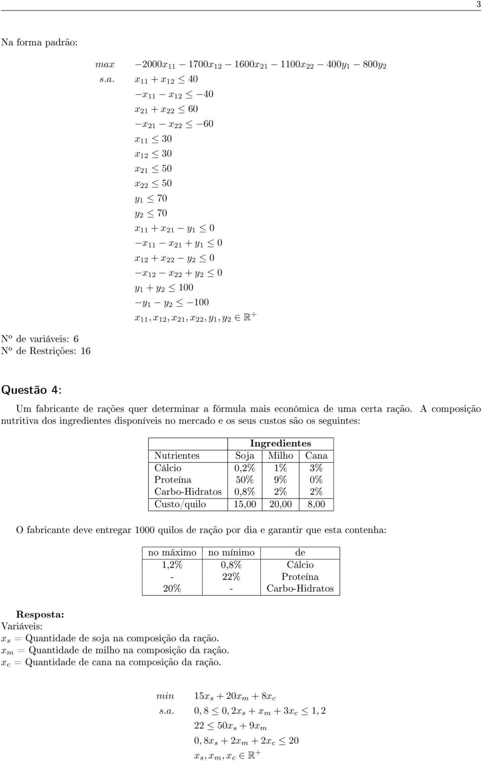 determinar a fórmula mais econômica de uma certa ração.