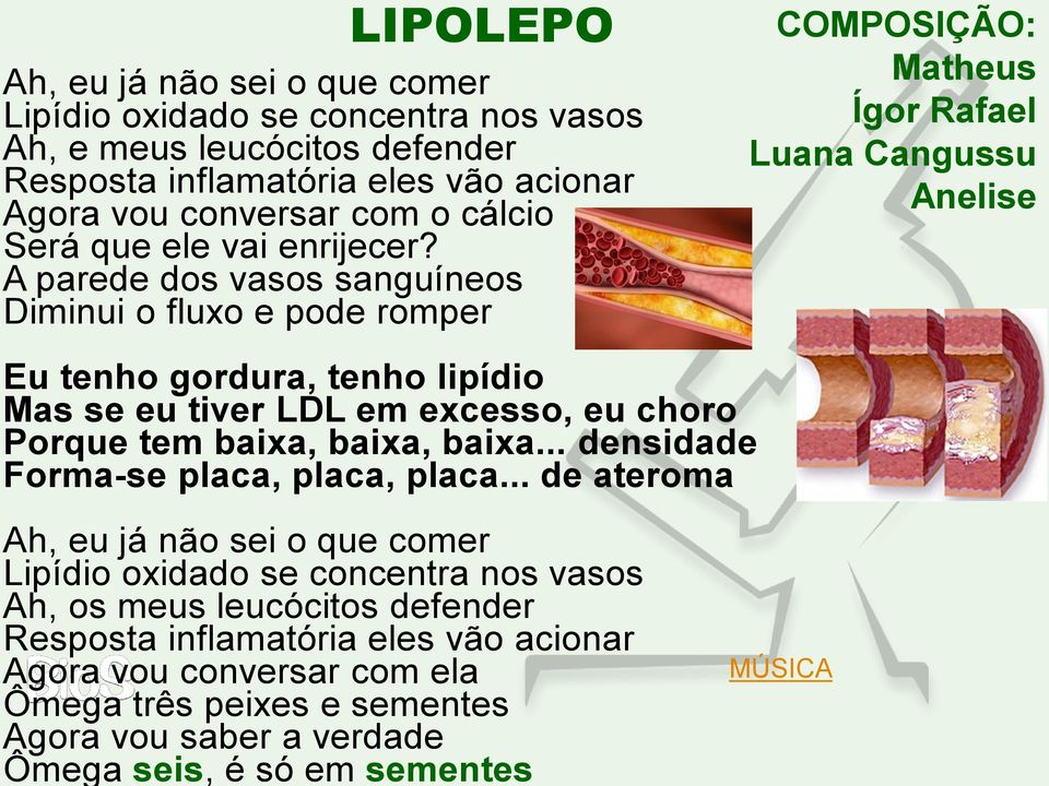 A parede dos vasos sanguíneos Diminui o fluxo e pode romper COMPOSIÇÃO: Matheus Ígor Rafael Luana Cangussu Anelise Eu tenho gordura, tenho lipídio Mas se eu tiver LDL em excesso, eu