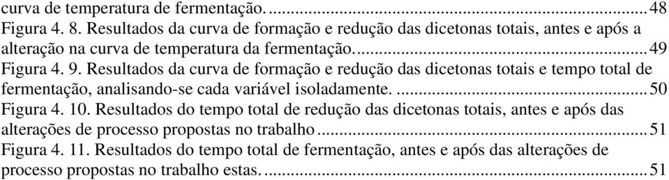 Resultados da curva de formação e redução das dicetonas totais e tempo total de fermentação, analisando-se cada variável isoladamente.... 50 Figura 4. 10.