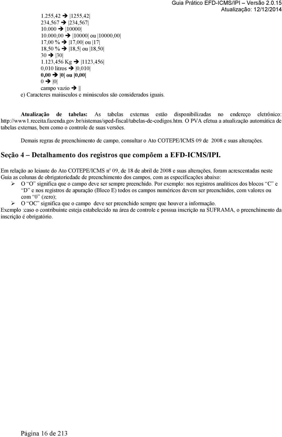 receita.fazenda.gov.br/sistemas/sped-fiscal/tabelas-de-codigos.htm. O PVA efetua a atualização automática de tabelas externas, bem como o controle de suas versões.