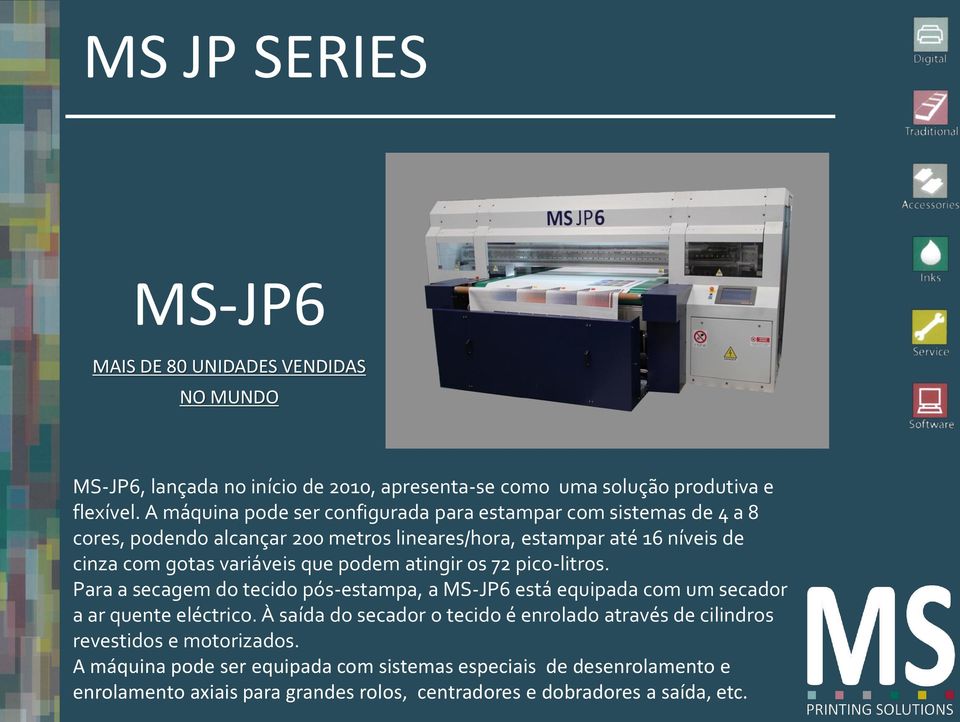 que podem atingir os 72 pico-litros. Para a secagem do tecido pós-estampa, a MS-JP6 está equipada com um secador a ar quente eléctrico.