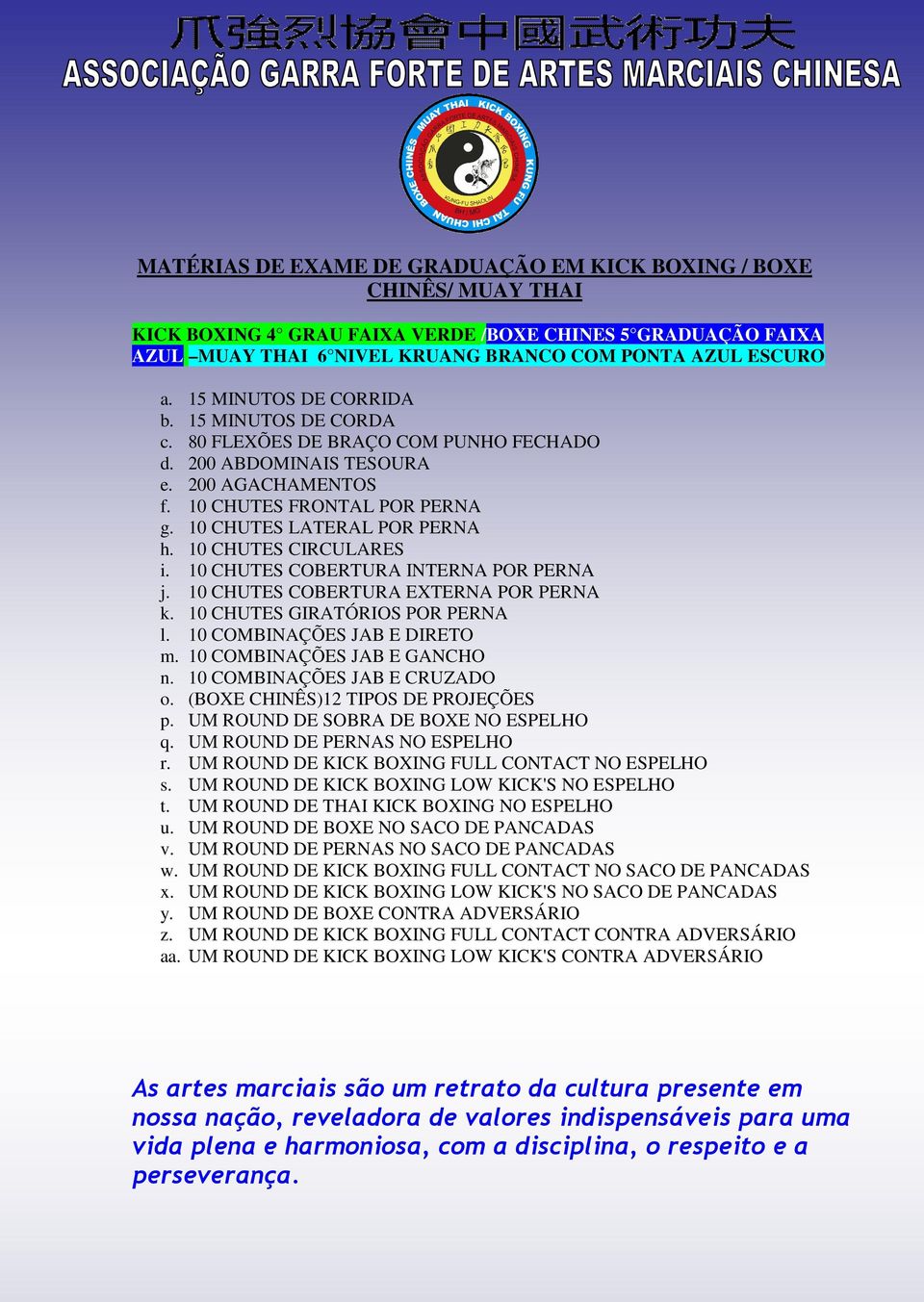 10 CHUTES COBERTURA INTERNA POR PERNA j. 10 CHUTES COBERTURA EXTERNA POR PERNA k. 10 CHUTES GIRATÓRIOS POR PERNA l. 10 COMBINAÇÕES JAB E DIRETO m. 10 COMBINAÇÕES JAB E GANCHO n.