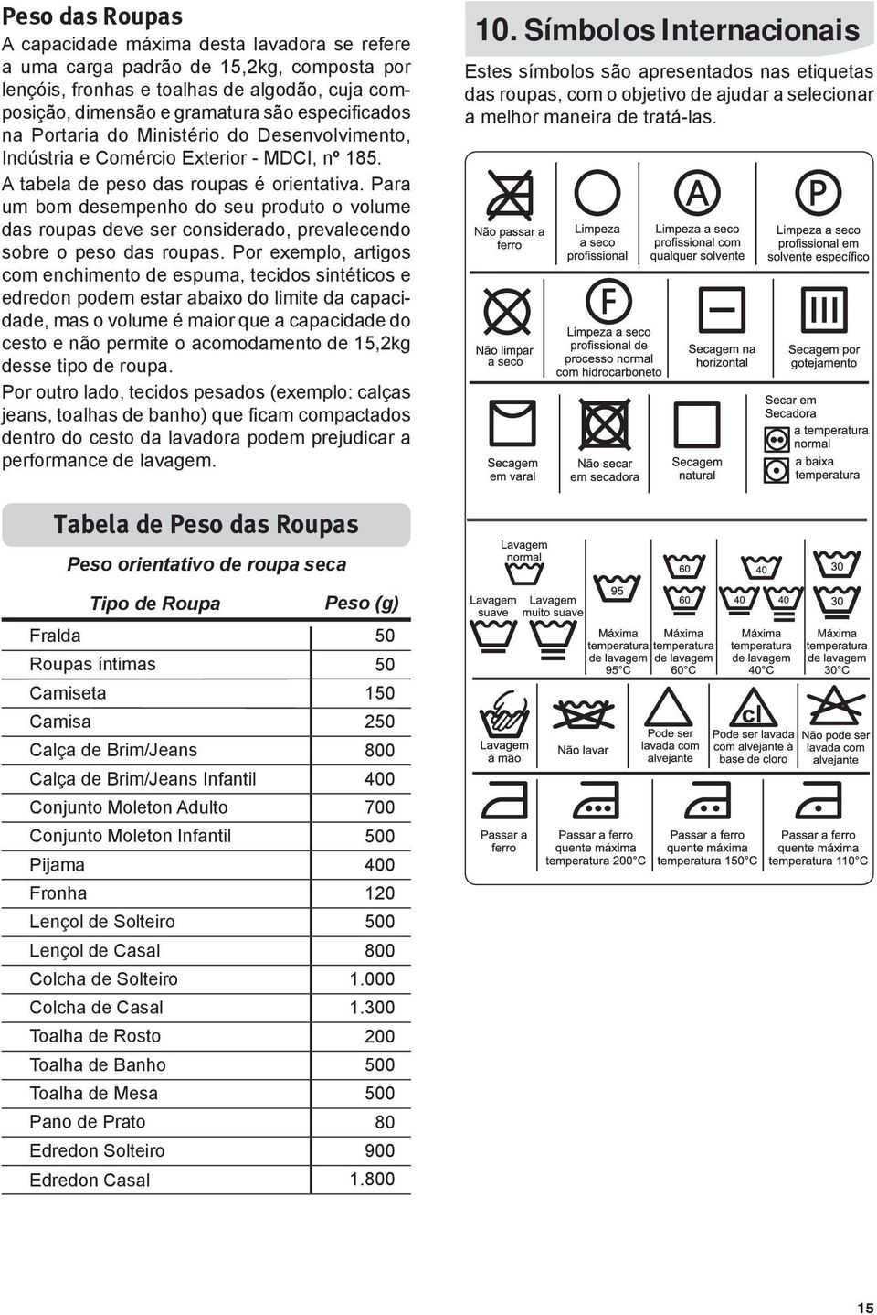 Para um bom desempenho do seu produto o volume das roupas deve ser considerado, prevalecendo sobre o peso das roupas.