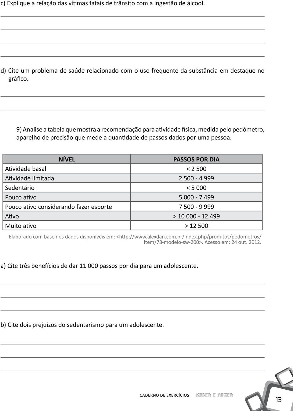 NÍVEL PASSOS POR DIA Atividade basal < 2 500 Atividade limitada 2 500-4 999 Sedentário < 5 000 Pouco ativo 5 000-7 499 Pouco ativo considerando fazer esporte 7 500-9 999 Ativo > 10 000-12 499 Muito