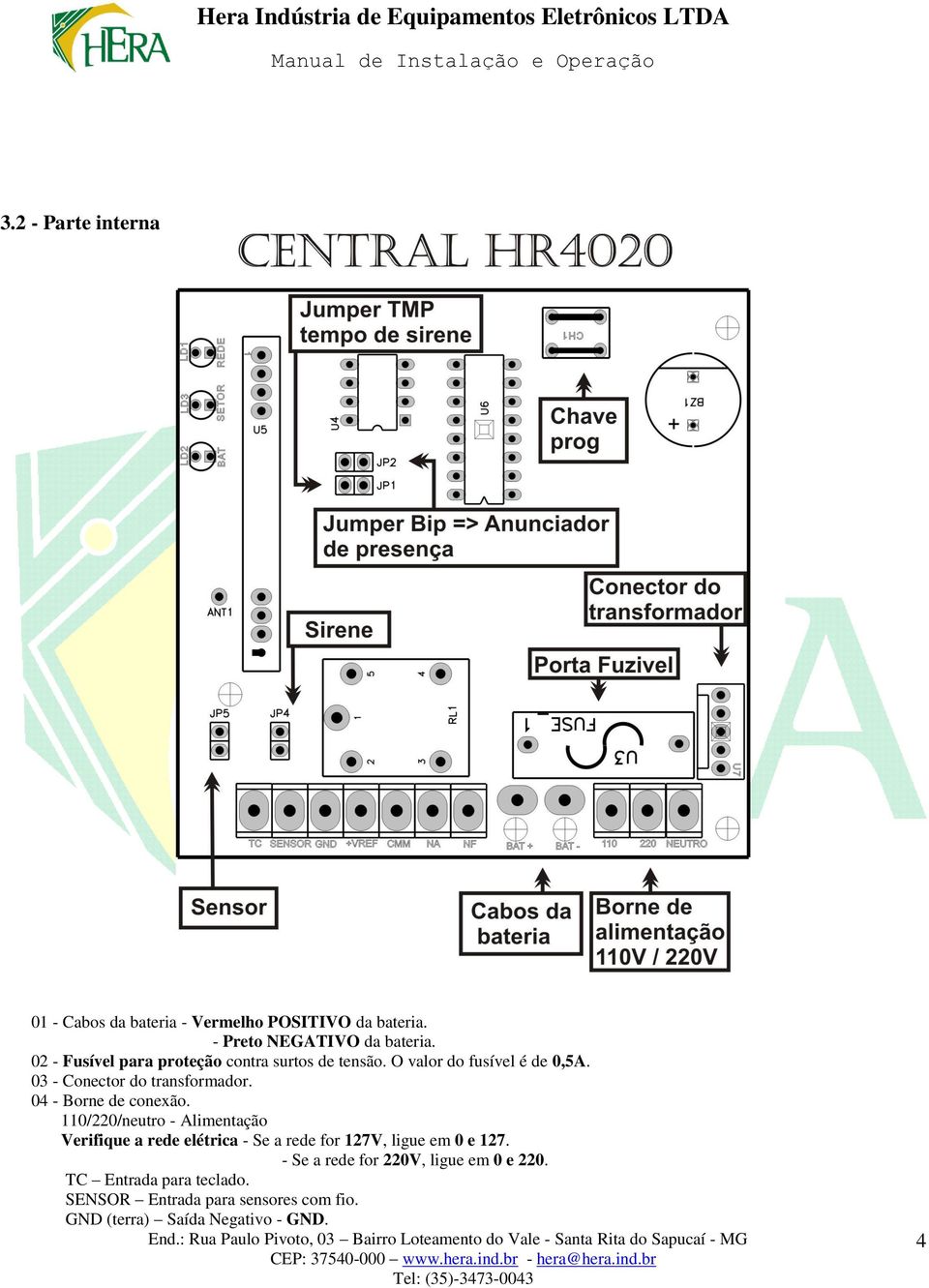 03 - Conector do transformador. 04 - Borne de conexão.