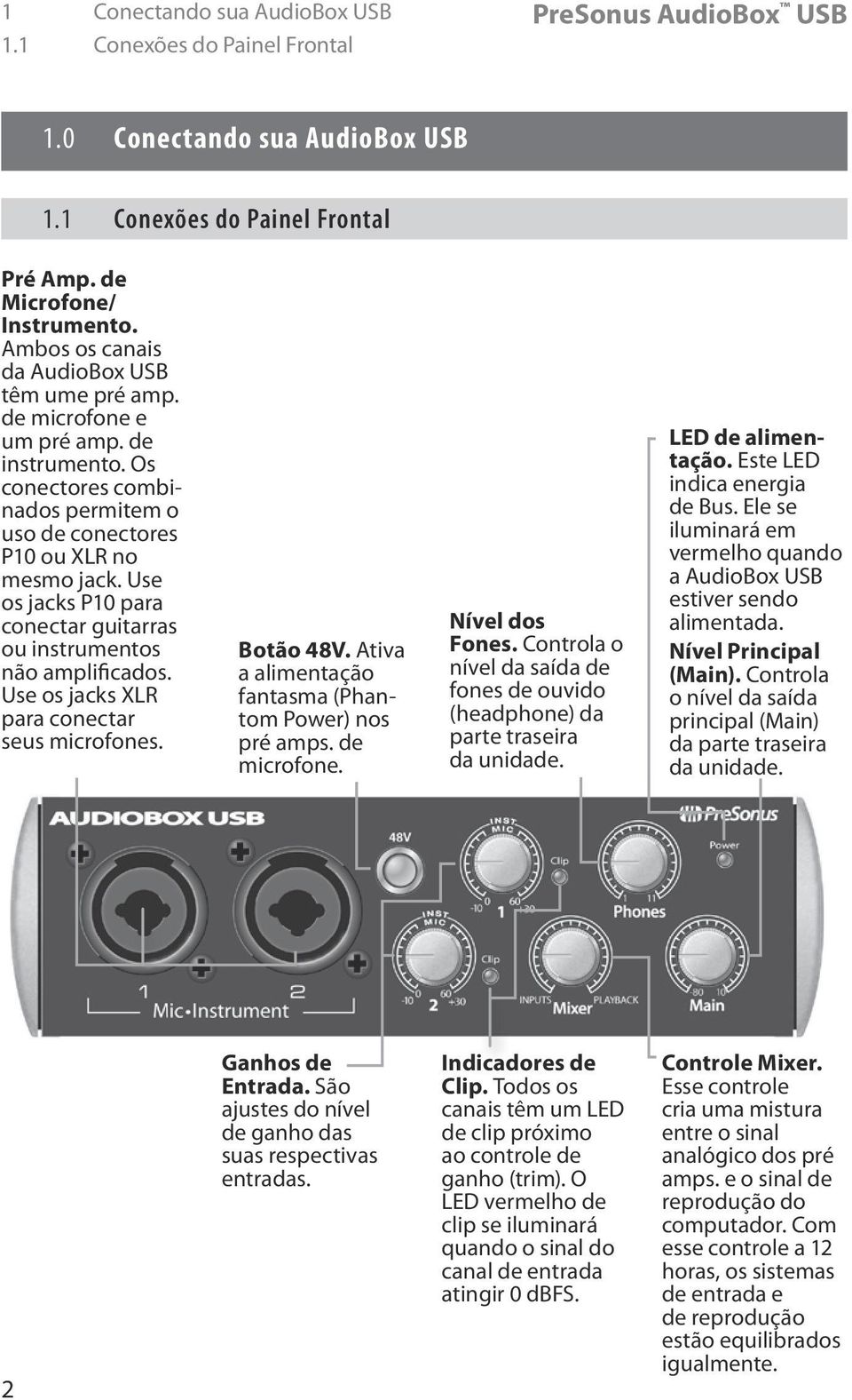 Use os jacks P10 para conectar guitarras ou instrumentos não amplificados. Use os jacks XLR para conectar seus microfones. Botão 48V. Ativa a alimentação fantasma (Phantom Power) nos pré amps.