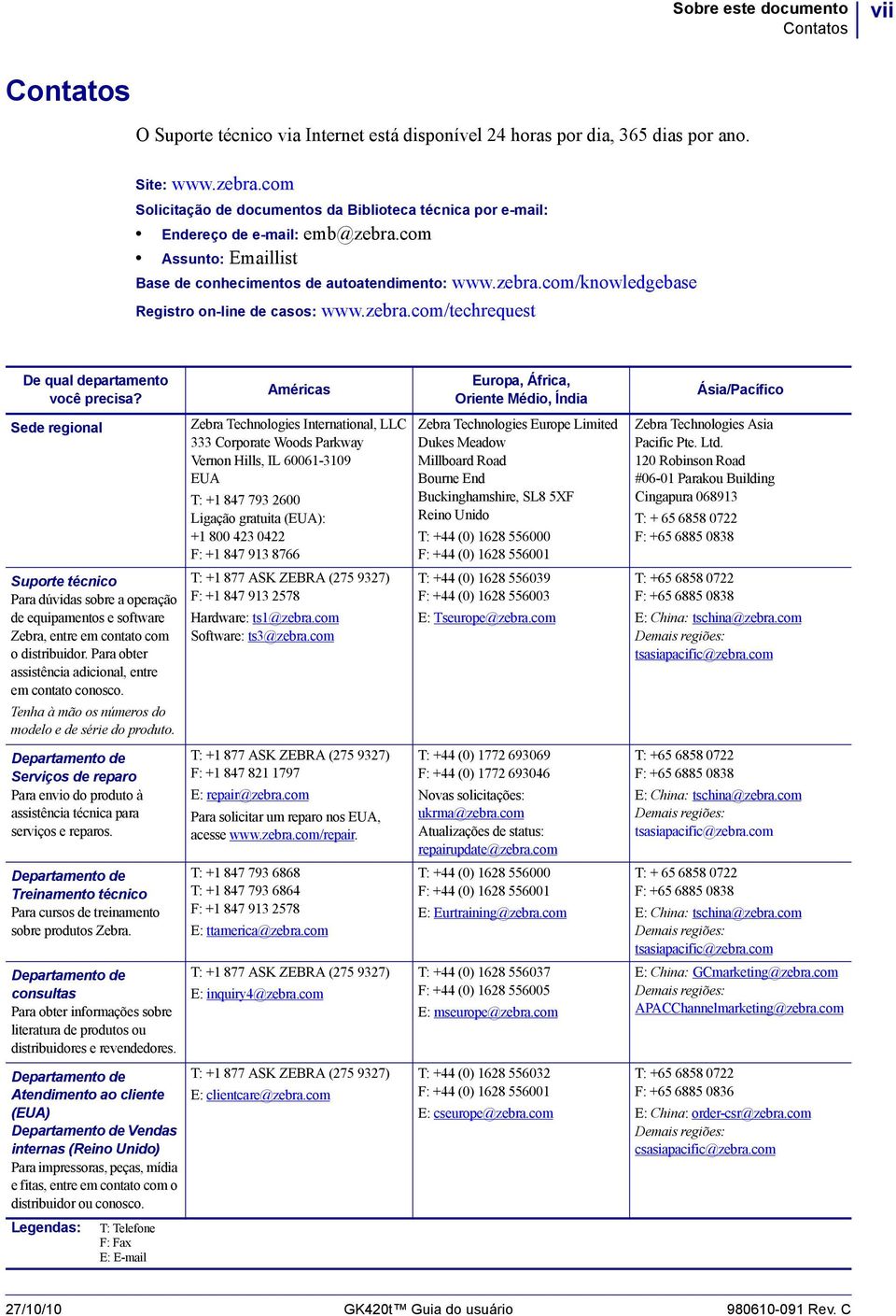 zebra.com/techrequest De qual departamento você precisa? Sede regional Suporte técnico Para dúvidas sobre a operação de equipamentos e software Zebra, entre em contato com o distribuidor.