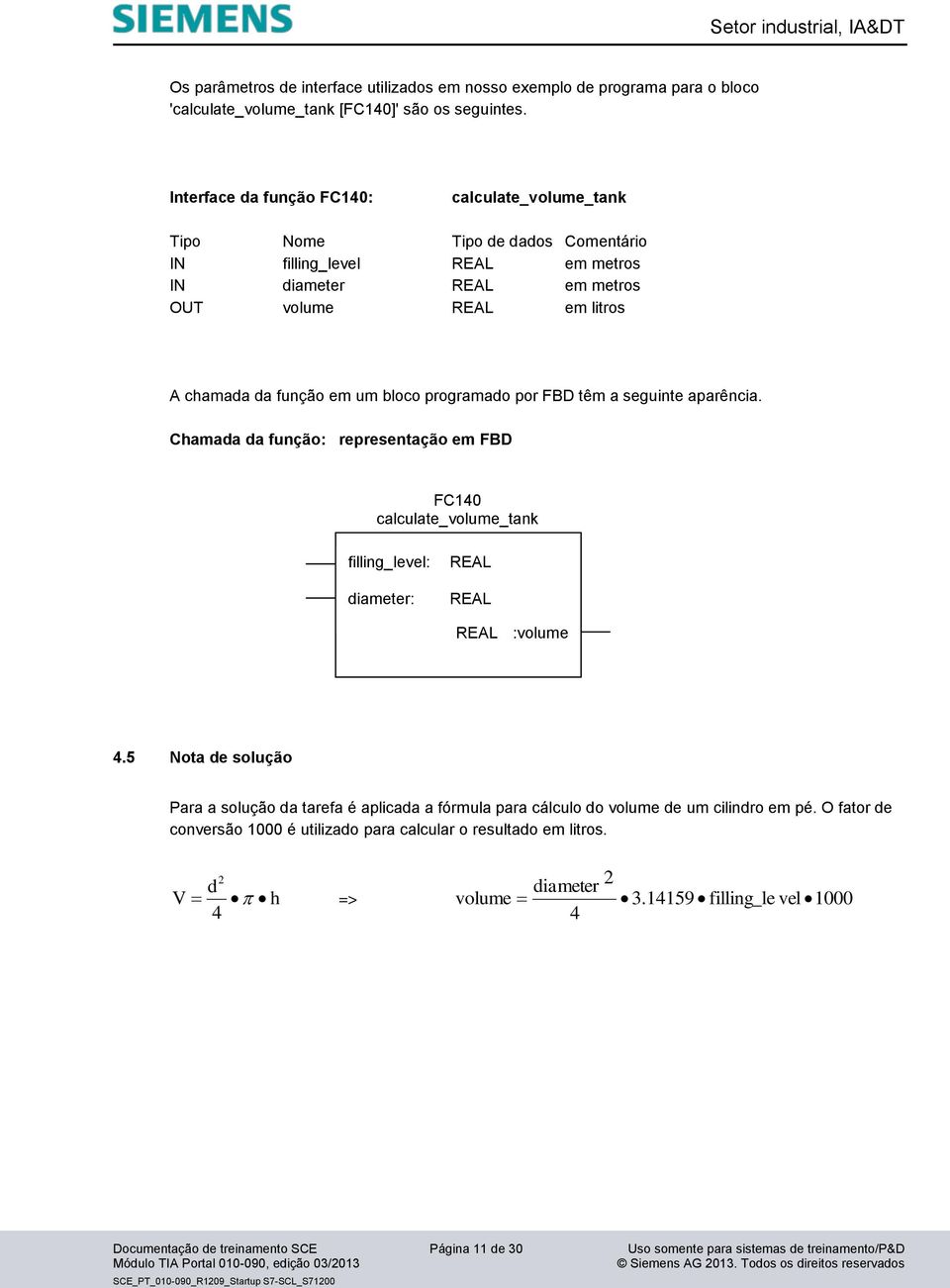 bloco programado por FBD têm a seguinte aparência. Chamada da função: representação em FBD FC140 calculate_volume_tank filling_level: diameter: REAL REAL REAL :volume 4.