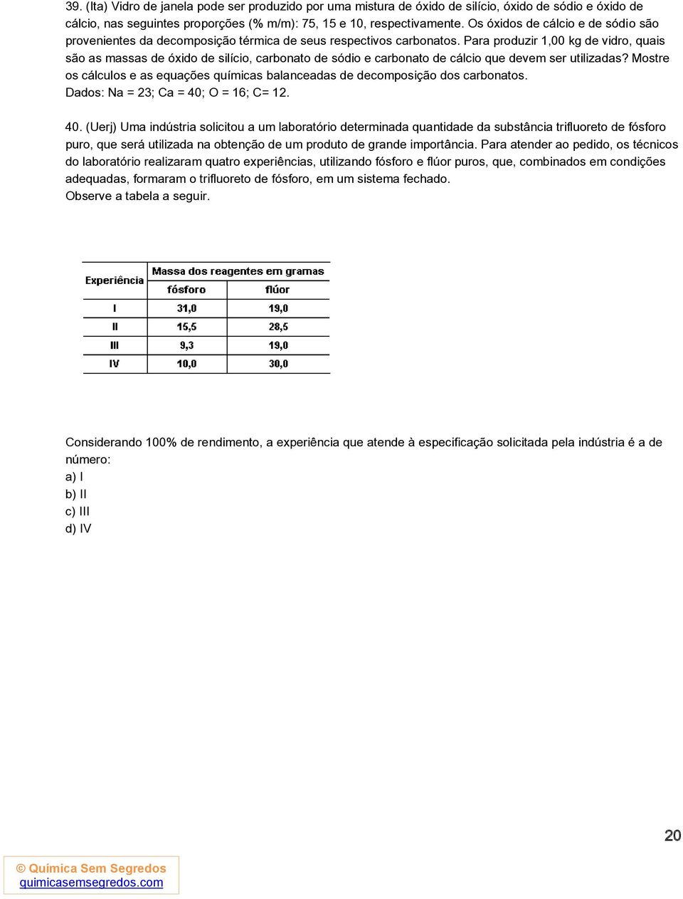 Para produzir 1,00 kg de vidro, quais são as massas de óxido de silício, carbonato de sódio e carbonato de cálcio que devem ser utilizadas?