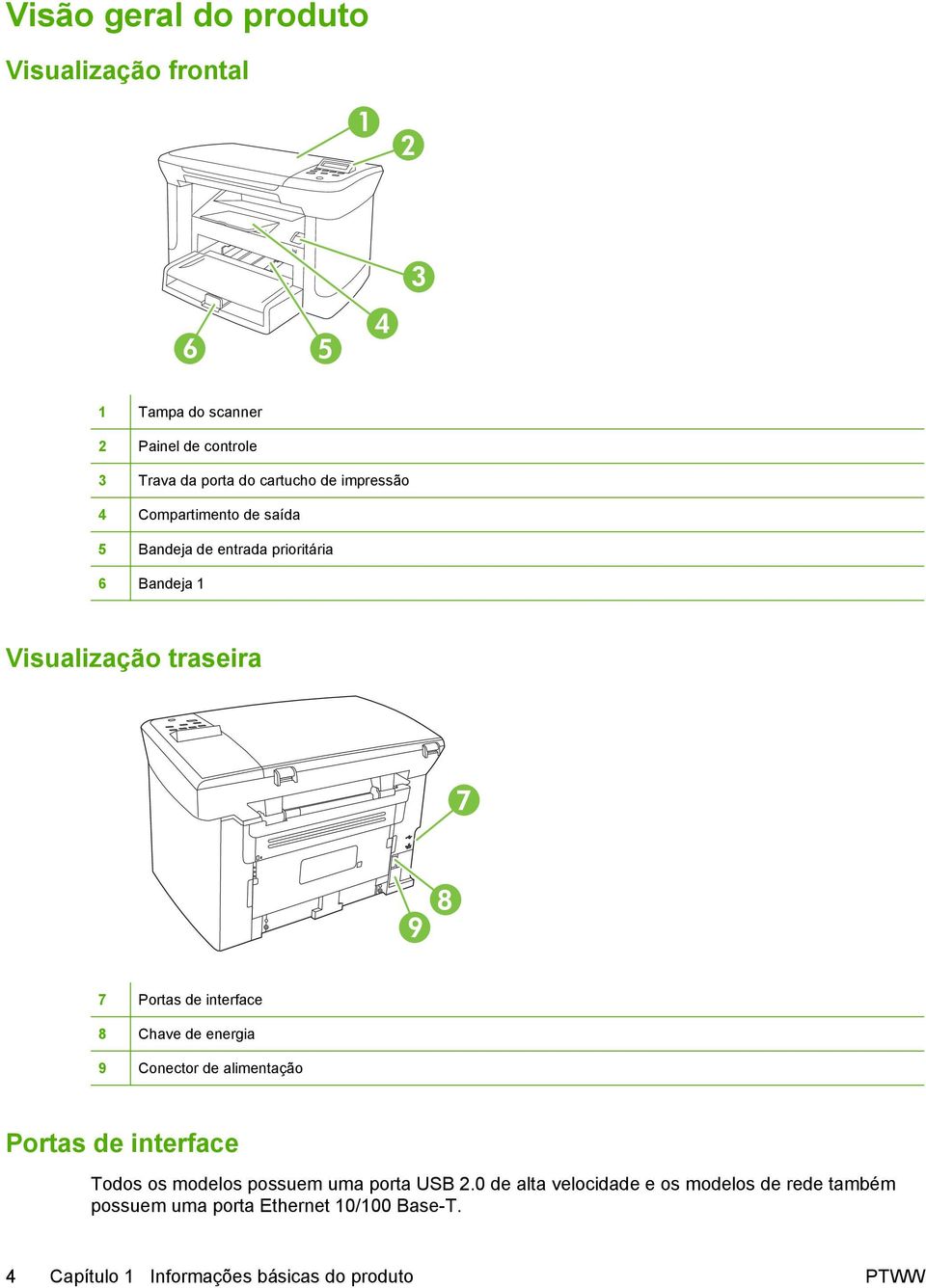interface 8 Chave de energia 9 Conector de alimentação Portas de interface Todos os modelos possuem uma porta USB 2.