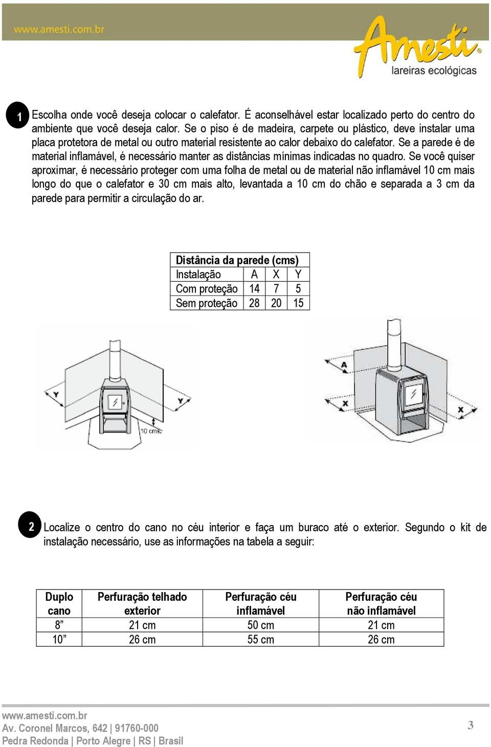 Se a parede é de material inflamável, é necessário manter as distâncias mínimas indicadas no quadro.