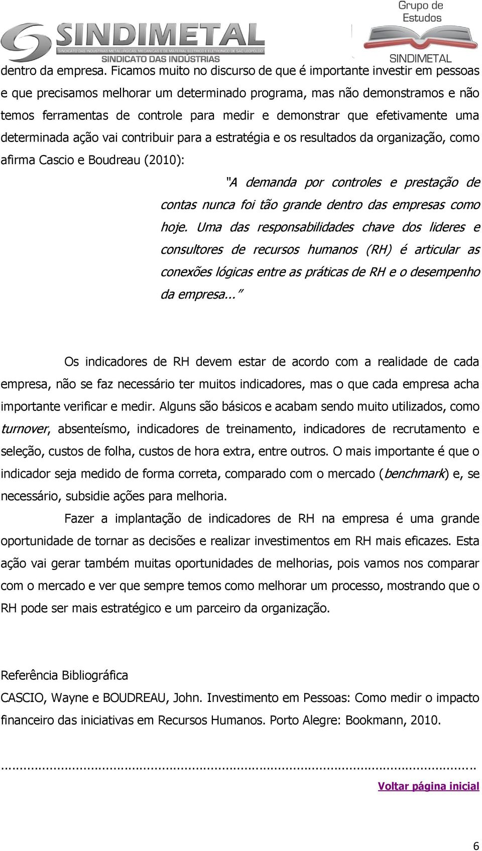 que efetivamente uma determinada ação vai contribuir para a estratégia e os resultados da organização, como afirma Cascio e Boudreau (2010): A demanda por controles e prestação de contas nunca foi