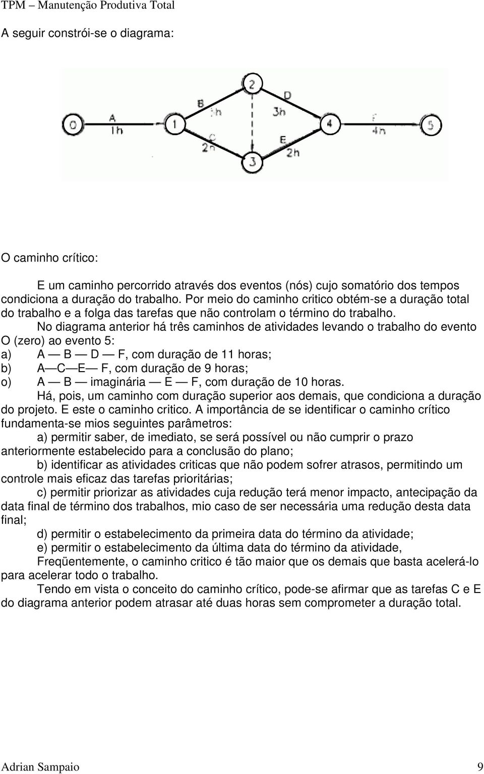 No diagrama anterior há três caminhos de atividades levando o trabalho do evento O (zero) ao evento 5: a) A B D F, com duração de 11 horas; b) A C E F, com duração de 9 horas; o) A B imaginária E F,