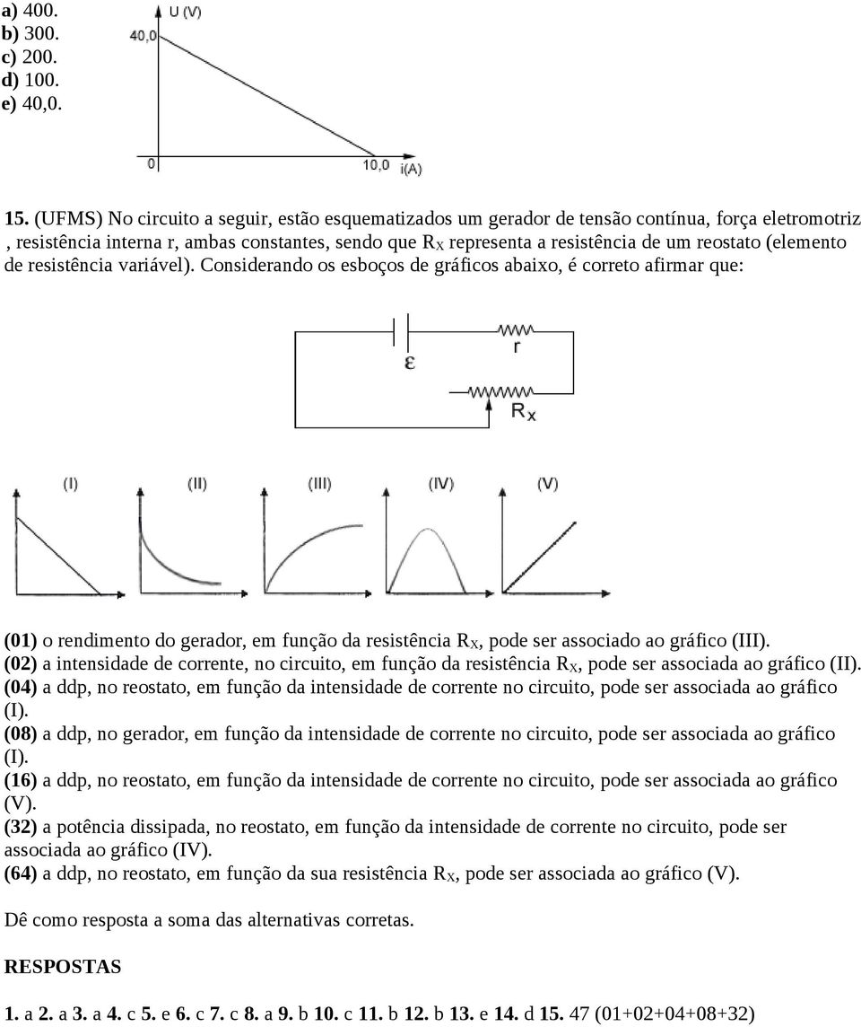 (elemento de resistência variável). Considerando os esboços de gráficos abaixo, é correto afirmar que: (01) o rendimento do gerador, em função da resistência R X, pode ser associado ao gráfico (III).