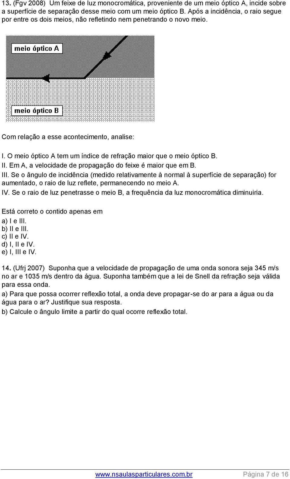 O meio óptico A tem um índice de refração maior que o meio óptico B. II. Em A, a velocidade de propagação do feixe é maior que em B. III.