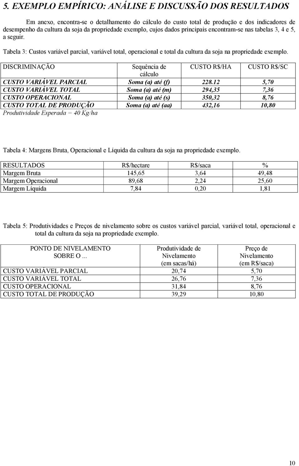 DISCRIMINAÇÃO Sequência de CUSTO R$/HA CUSTO R$/SC cálculo CUSTO VARIÁVEL PARCIAL Soma (a) até (f) 228.