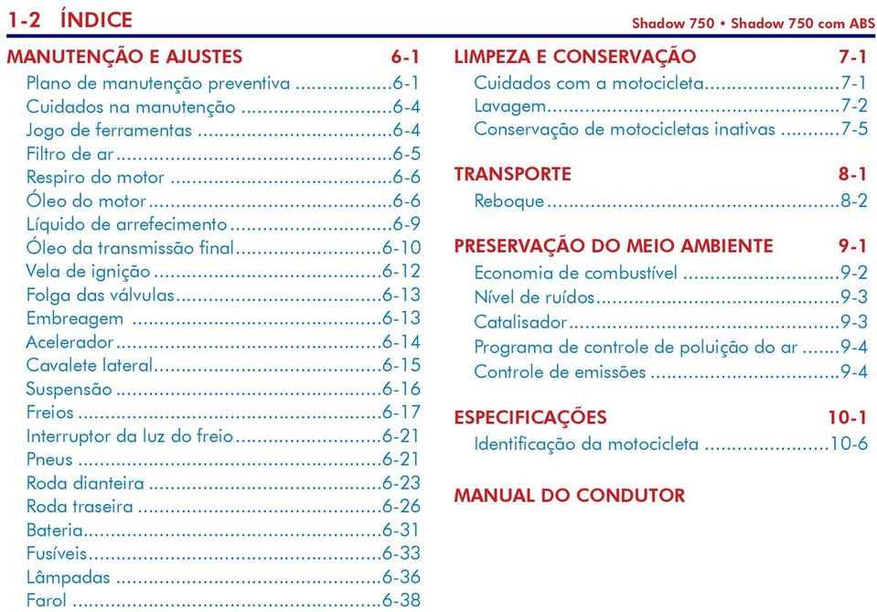 ..6-15 Suspensão...6-16 Freios...6-17 Interruptor da luz do freio...6-21 Pneus...6-21 Roda dianteira...6-23 Roda traseira...6-26 Bateria...6-31 Fusíveis...6-33 Lâmpadas...6-36 Farol.