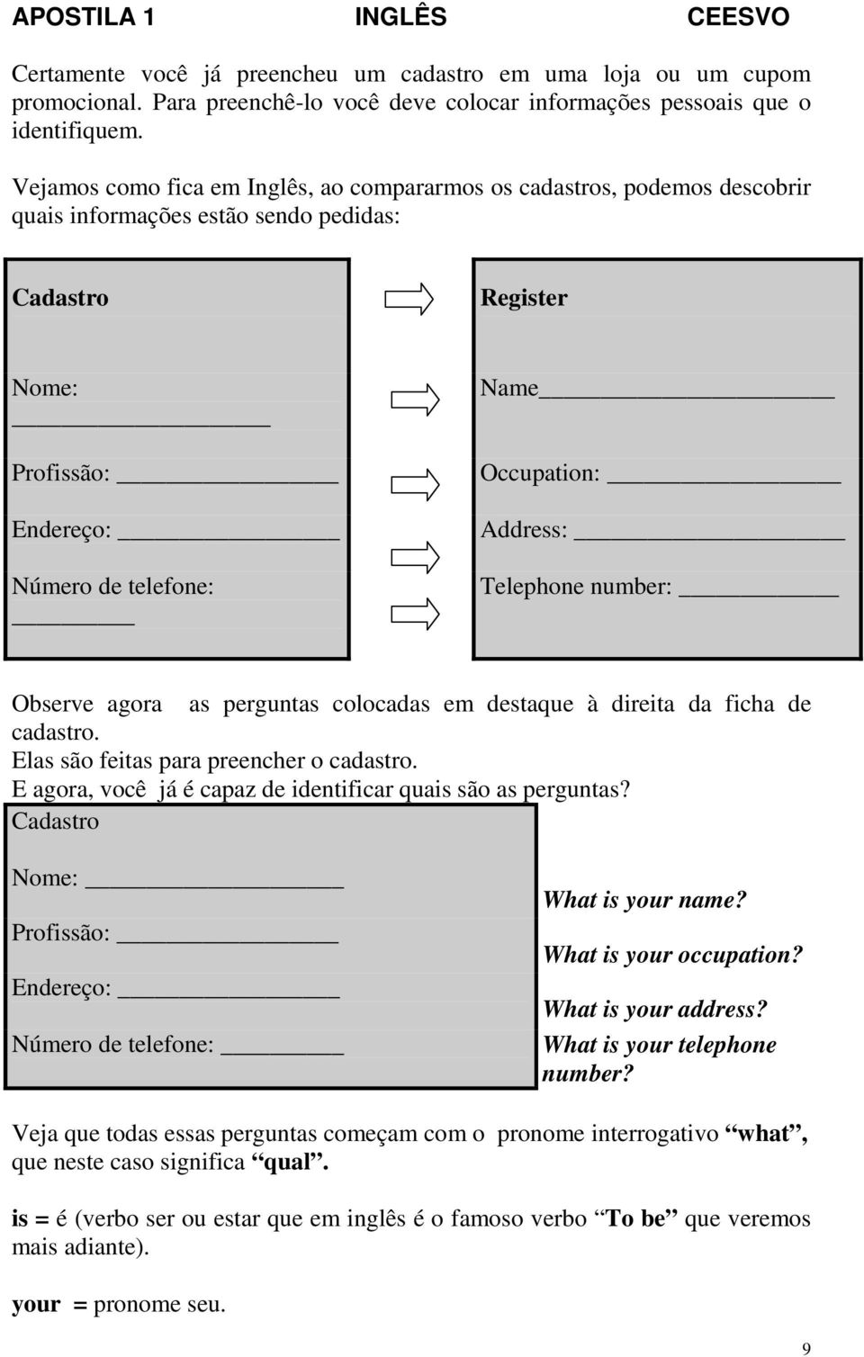 Address: Telephone number: Observe agora as perguntas colocadas em destaque à direita da ficha de cadastro. Elas são feitas para preencher o cadastro.