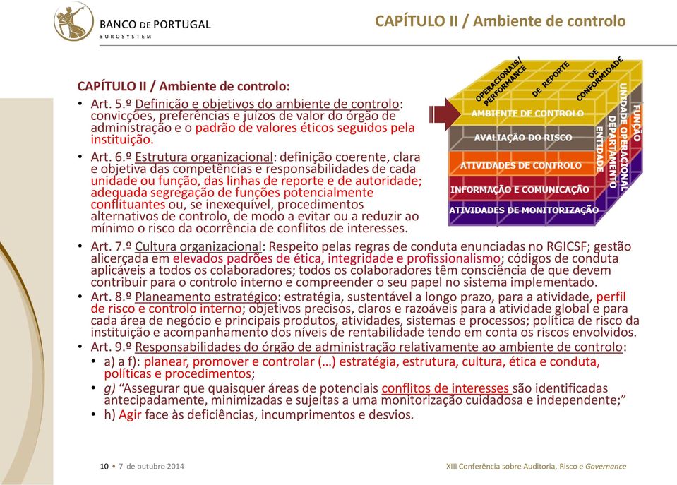 º Estrutura organizacional: definição coerente, clara e objetiva das competências e responsabilidades de cada unidade ou função, das linhas de reporte e de autoridade; adequada segregação de funções