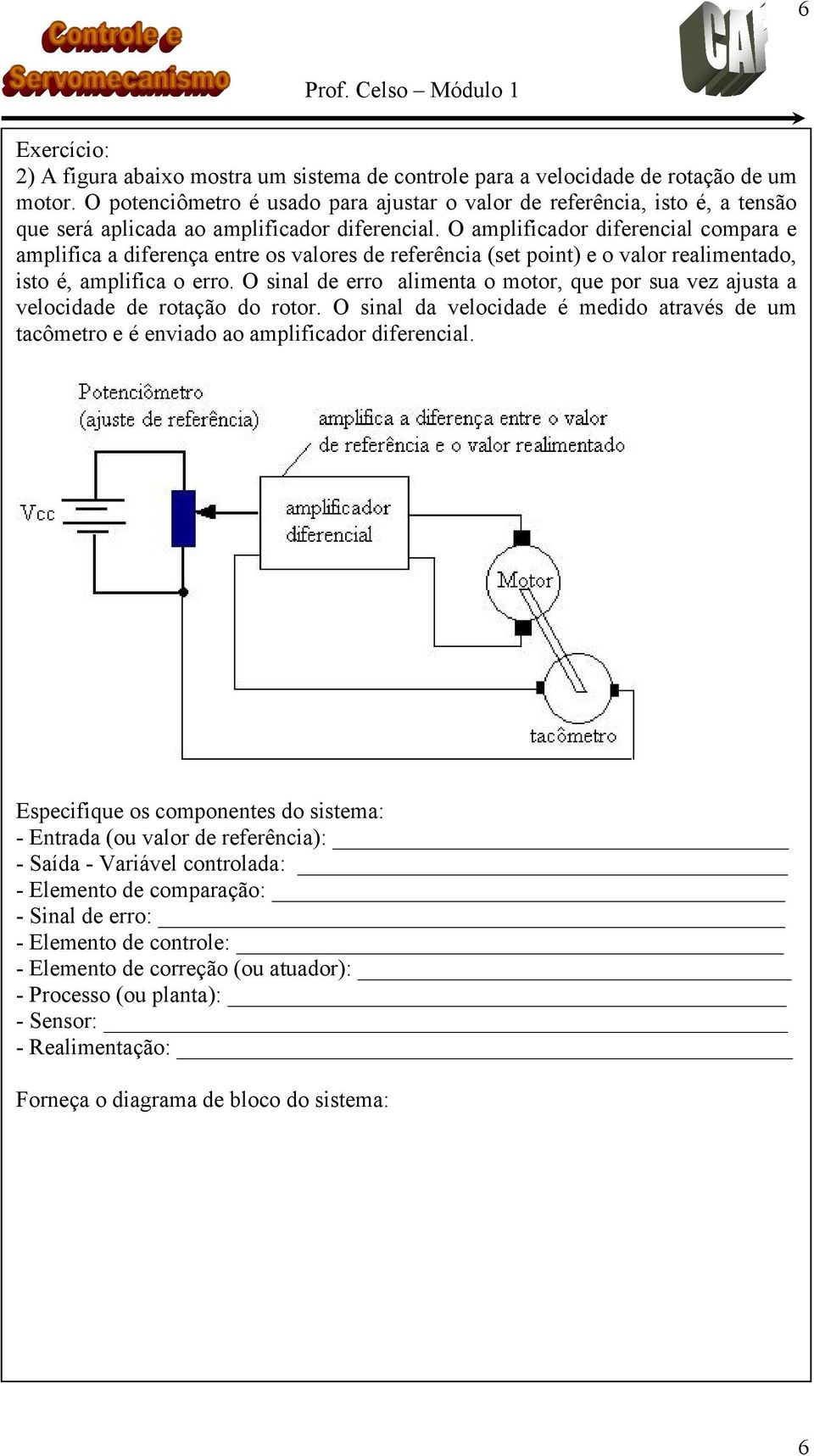 O amplificador diferencial compara e amplifica a diferença entre os valores de referência (set point) e o valor realimentado, isto é, amplifica o erro.