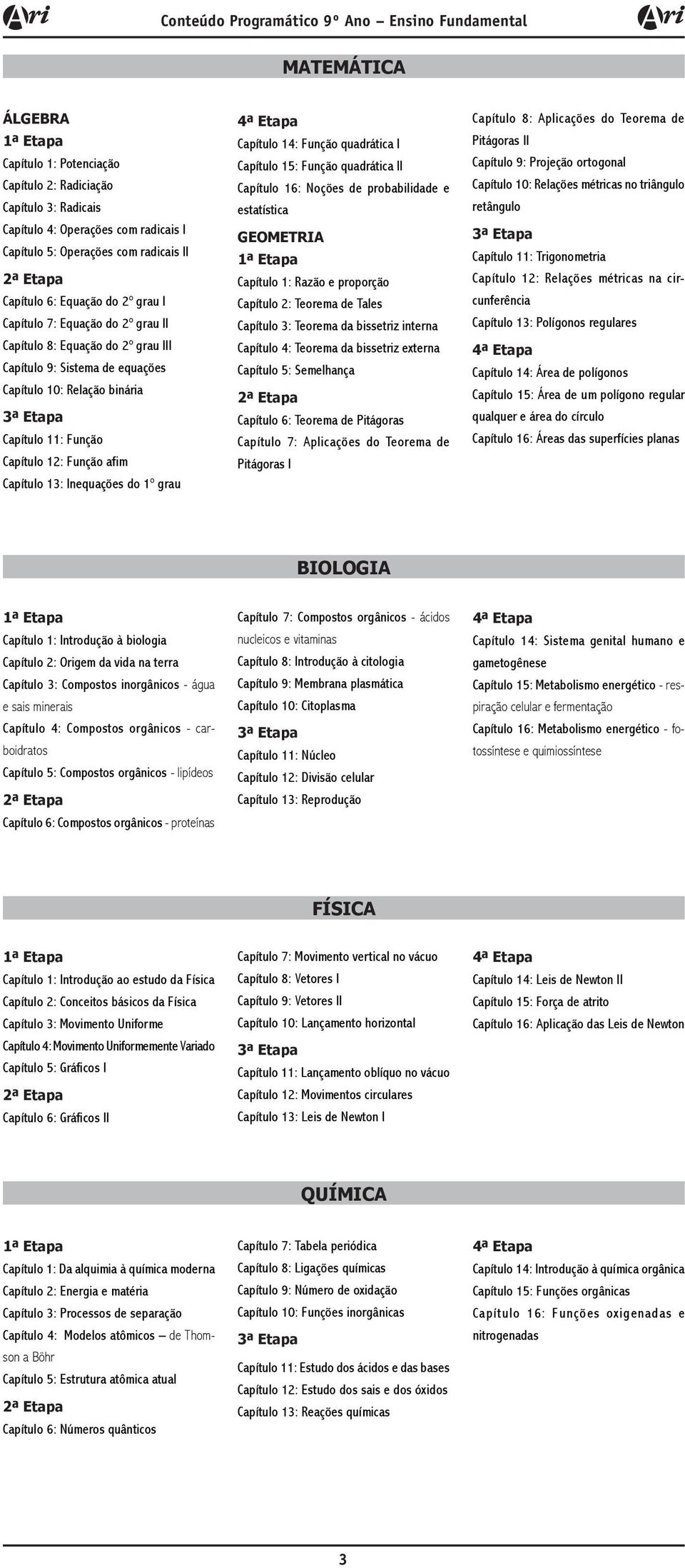 do 1º grau Capítulo 14: Função quadrática I Capítulo 15: Função quadrática II Capítulo 16: Noções de probabilidade e estatística GEOMETRIA Capítulo 1: Razão e proporção Capítulo 2: Teorema de Tales