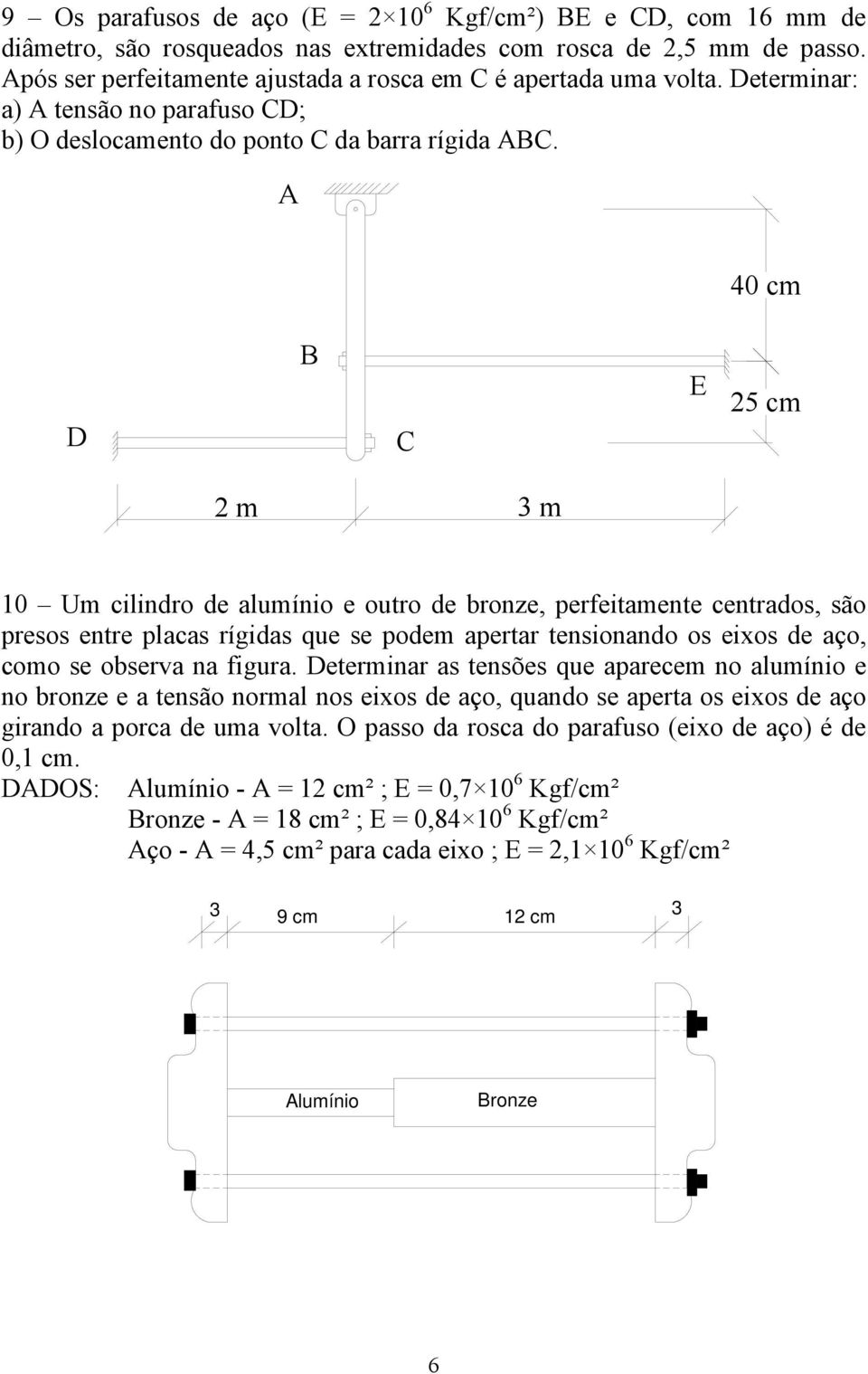 40 cm E 25 cm 2 m 3 m 10 Um cilindro de alumínio e outro de bronze, perfeitamente centrados, são presos entre placas rígidas que se podem apertar tensionando os eixos de aço, como se observa na