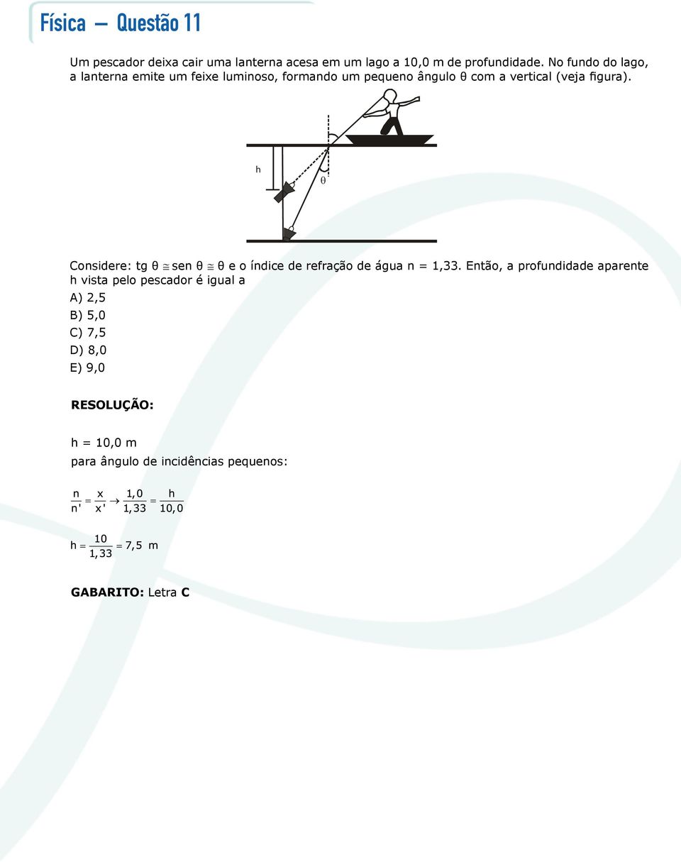 figura). h θ Considere: tg θ sen θ θ e o índice de refração de água n = 1,33.